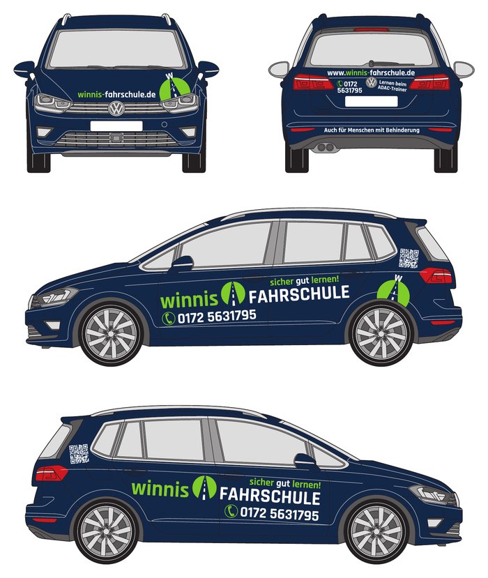 Fahrzeugbeschriftung Winnis Fahrschule – Ansichten von vorn, hinten und beiden Seiten
